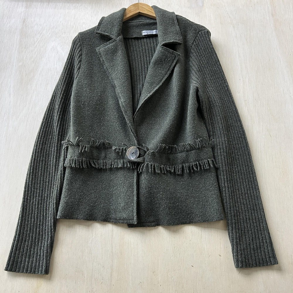Stambecco Cardigan Sweater Womens XL Green Collared Fringe Wool Knit Italy